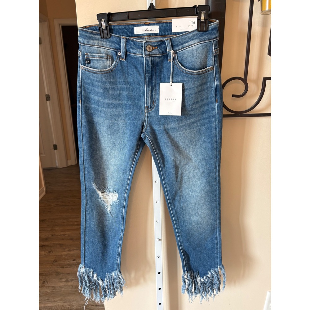 KanCan Mid Rise Ankle Jeans Distressed Frayed Fringe Hem Medium Wash 11/29